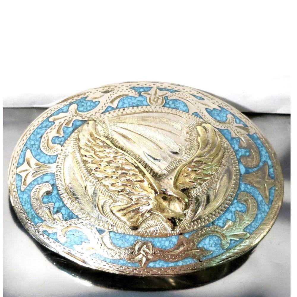 Vintage Mexican ALPACA & Turquoise Cowboy Belt Buckle Golden Eagle